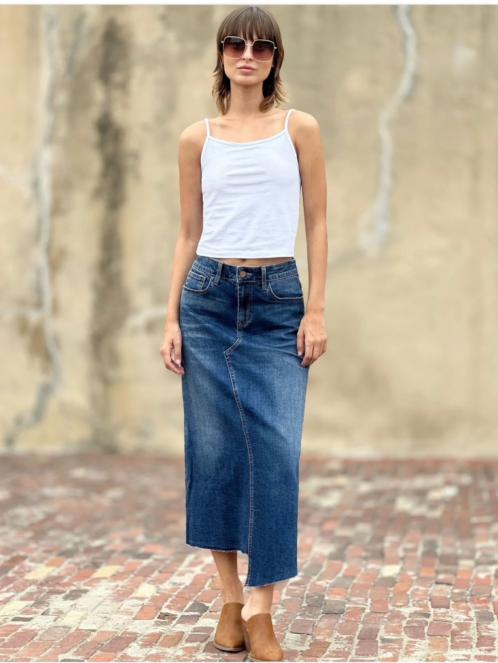 Asymmetrical Dark Blue Denim Midi Skirt